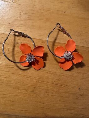 Silver Tone Orange Flower Rhinestone Hoop Earrings